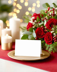 Blank place card mockup set on a golden plate, surrounded by festive candles and red roses