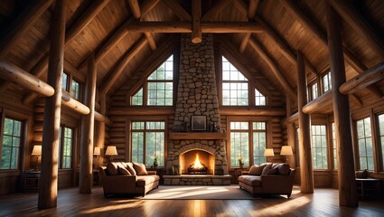 Cozy log cabin interior with crackling fireplace and comfortable seating
