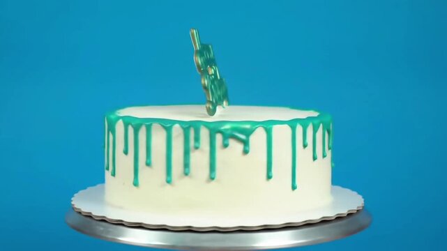 Close up of happy birthday cake with turquoise frosting on a silver cake stand against blue background