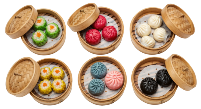 a set of six bamboo steamers with different colored dumplings