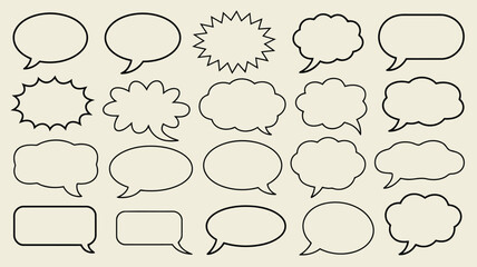 Fototapeta premium Collection of hand drawn speech bubbles and comic thought clouds, simple outline set for dialogue, messages, and text design