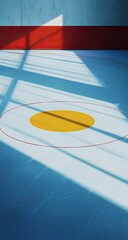 Fototapeta premium Ice rink center with yellow circle. Sunlight streams across the blue ice surface, illuminating a central yellow circle. Red border lines a section of the wall