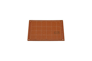 Small brown perforated prototyping board with alphanumeric labels is isolated.