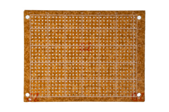 Rectangular prototyping circuit board with grid markings is isolated.
