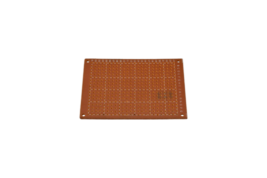 Small brown perforated prototyping board with alphanumeric labels is isolated.