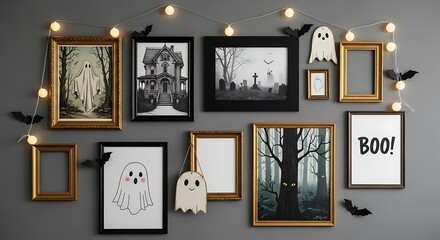 Collection of spooky halloween decorations and vintage art prints hanging on a gray wall with string lights