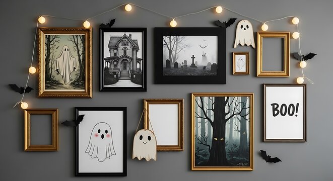 Collection of spooky halloween decorations and vintage art prints hanging on a gray wall with string lights