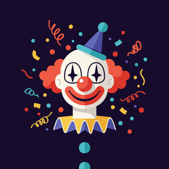Happy clown face with red hair and big smile.  Circus clown portrait surrounded by colorful confetti.  Joyful clown image perfect for birthday invitations and party announcements.