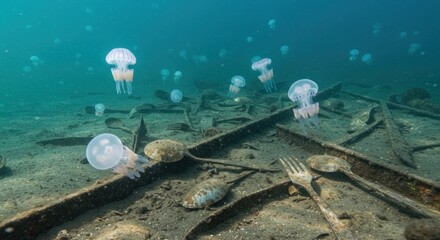 Jellyfish over shipwreck
