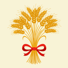 Golden wheat sheaf tied with red ribbon symbolizes harvest. This wheat sheaf is an emblem of agriculture and abundance, recalling harvest festivals and rural life. Use wheat sheaf in illustrations,