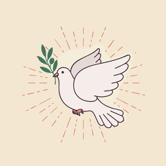 Symbolic dove with olive branch signifying peace against beige backdrop for social communication. Dove symbolizes peace and new beginnings, carrying an olive branch in its beak as a sign of hope.
