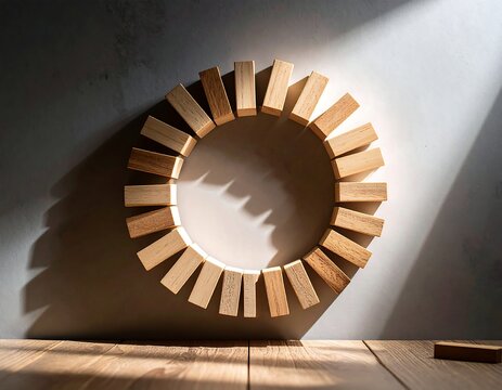 representing steady business, Circular wooden blocks arrangement on a surface, with shadow and light.