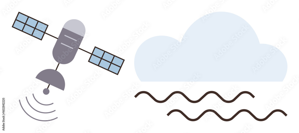Poster satellite with signal waves pointing at a cloud emitting wavy lines, symbolizing weather forecasting
