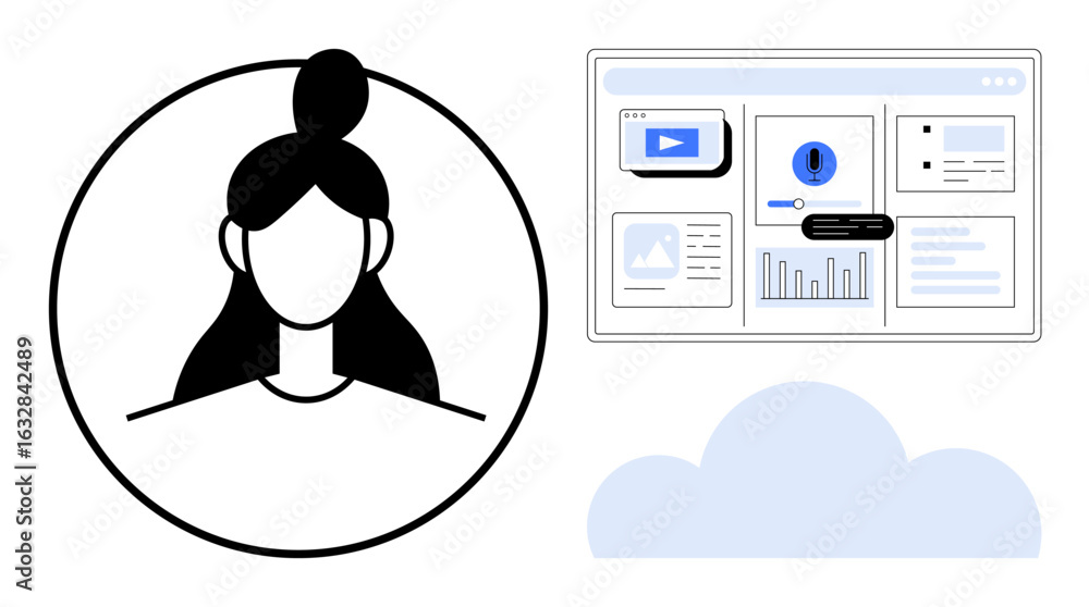 Poster female avatar in a circle next to data dashboard with charts, videos, and views in a browser, over a