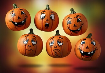 Group of funny faced pumpkins hanging for halloween decoration creating a festive and playful atmosphere for autumn celebrations