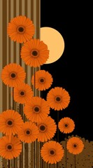 A visually striking design featuring vibrant orange flowers cascading down a dark backdrop, complemented by a warm, glowing sun. The interplay of colors creates a bold and dynamic aesthetic.
