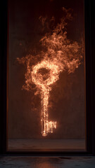 A key is burning intensely, surrounded by flames, creating a dramatic and symbolic image of destruction or transformation.