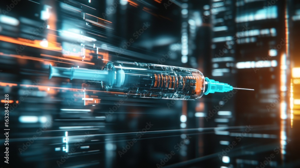 Poster a translucent syringe displayed with neon lights and technological components