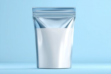 Stand-up Pouch Filled With White Powder on a Light Blue Background