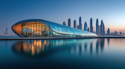 A modern glass building reflecting in calm blue water near tall buildings