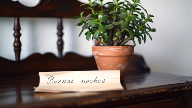 A potted plant and buenas noches note on wooden table with chair back in soft focus background
