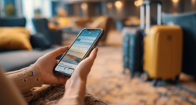 A close-up shot of an individual using the travel app on their smartphone, showcasing its user-friendly interface and modern design Generative AI