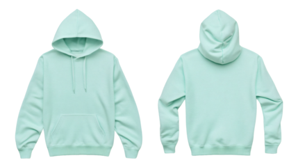Plain mint green hoodie mockup, front and back view for branding and commercial use on transparent background