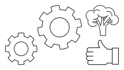 Gears signify teamwork and efficiency, a tree for sustainability, and a thumbs-up for approval. Ideal for eco-friendly practices, collaboration, efficiency, teamwork, growth, innovation simple