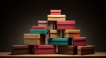 Gift boxes pyramid on wooden surface