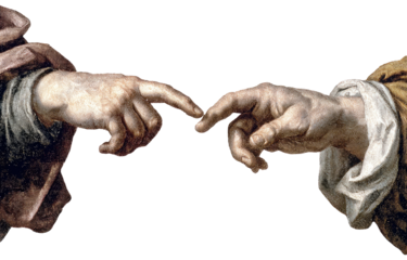 Two hands, fingers nearly touching, in a style evocative of religious art.  A depiction of creation or divine connection