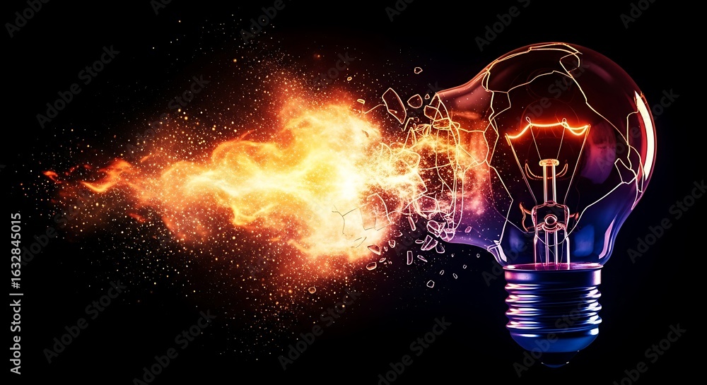 Poster Dynamic close-up of a light bulb exploding with vibrant orange flames and glowing sparks against a dark background