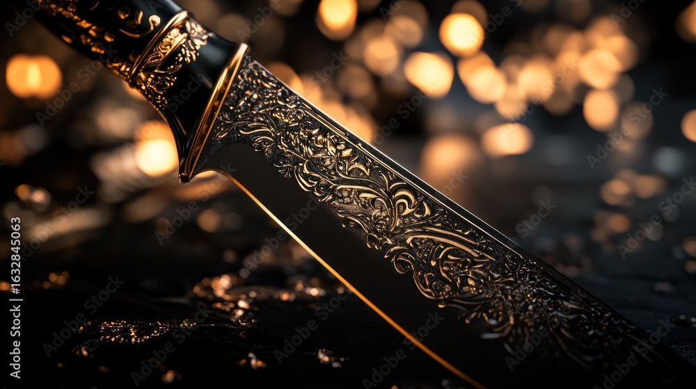 Poster an ornate knife with intricate detailing and a blurred background