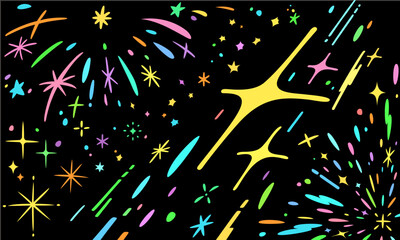 星とキラキラの輝く手描き素材セット/ポップで可愛い漫画スタイル/線なし © Akari