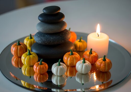 Small pumpkins and stacked stones with a candle create a peaceful autumn centerpiece for a table