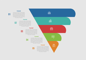 funnel shape business process infographic diagram with creative unbalance funnel with sharp and round edge with 5 step for slide presentation