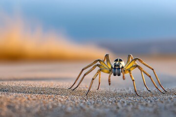Golden spider navigates the sandy terrain under a stunning dusk sky in a peaceful natural setting