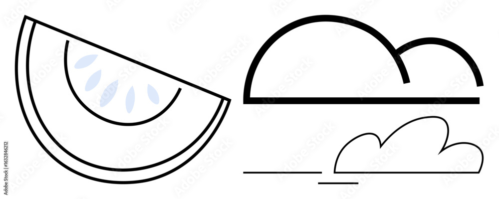 Poster watermelon slice with seeds and stylized clouds in minimalist line art. ideal for nature concepts, f