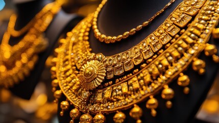 Elegant Gold Necklace Display in Vibrant Showcase