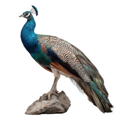 Obraz premium Png of A vibrant male peacock displays its stunning plumage, showcasing rich shades of blue, green, and iridescent feathers.