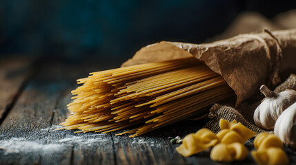 Uncooked Spaghetti Pasta on Rustic Wooden Surface