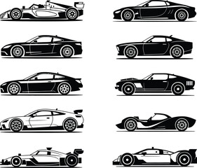A collection of ten black and white car silhouettes in profile view. Vector set includes sports cars, supercars, muscle cars, and racing vehicles.