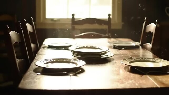 Rustic table with set plates, and sunlit room.
