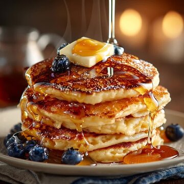 A tall stack of fluffy golden pancakes on a white plate. A glossy knob of butter is slowly melting on top, while warm maple syrup is being poured from above.