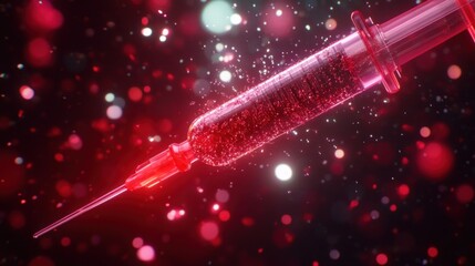 A translucent syringe filled with a red liquid is shown