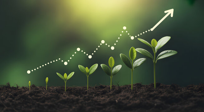 Growth and Progress: A visual metaphor for growth, this image portrays young plants growing steadily upward, with a line graph indicating upward momentum, symbolizing development and progress.