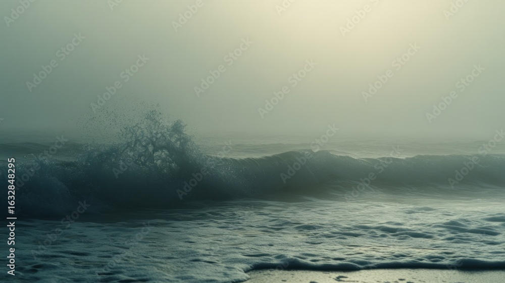 Poster a foggy ocean scene featuring crashing waves and soft light