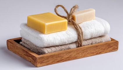 Wooden tray holding stacked towels and two bars of soap.  Natural, simple spa items