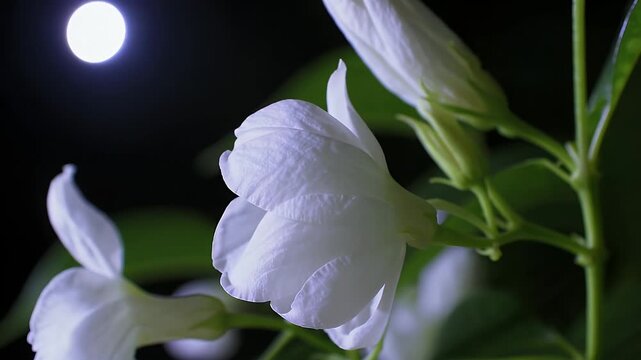Beautifully detailed 4K macro of night blooming jasmine also known as lady of the night or cestrum nocturnum showcasing its delicate nocturnal petals and enchanting fragrance under moonlight