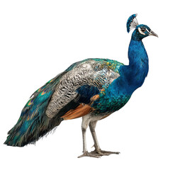 Obraz premium Png of A majestic peacock displaying vibrant colors with iridescent blue and green feathers against a plain background.