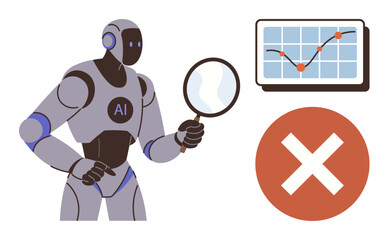 AI robot holding magnifying glass near chart, highlighting rising trend and error alert. Ideal for data analysis, machine learning, technology, innovation, problem-solving, automation, simple flat